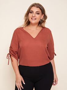 EMERY ROSE Top de manga fruncido con cordón de cuello V - Rosa Oxidada - Ver 3