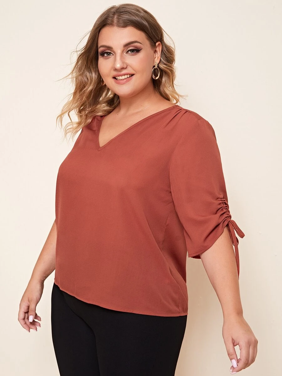 EMERY ROSE Top de manga fruncido con cordón de cuello V - Rosa Oxidada - Ver 1