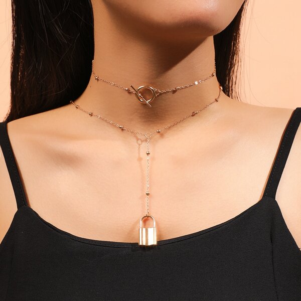 

2pcs Gold Lock Charm Necklace