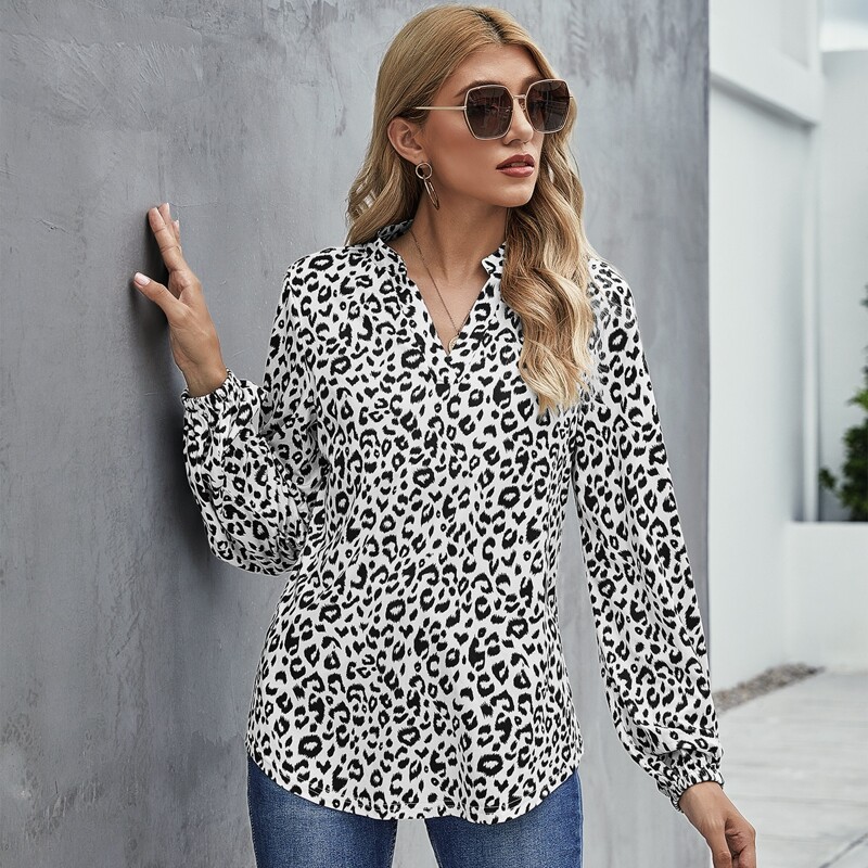

Leopard Print Notched Neck Blouse, Black and white