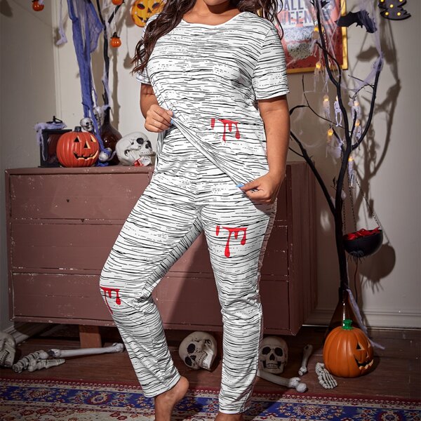 

Plus Halloween Print Top & Pants PJ Set, Multicolor