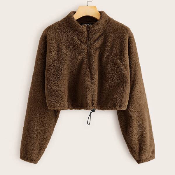 

Zip Half Placket Drawstring Hem Teddy Pullover, Brown