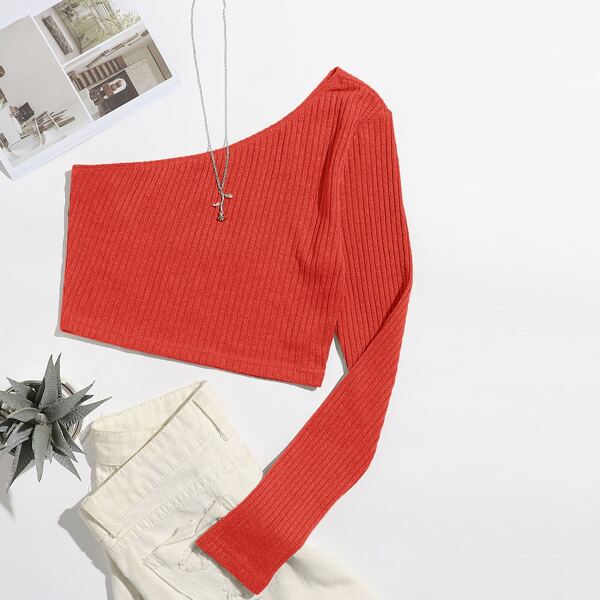 

Ribbed One-Shoulder Crop Top, Red