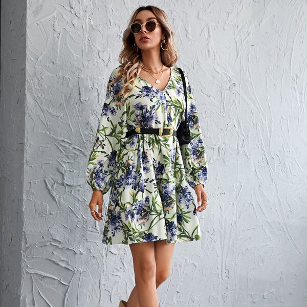 

Floral V-neck Bishop Sleeve Babydoll Dress, Multicolor