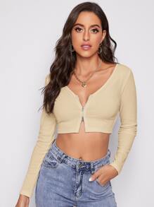 SHEIN EZwear 拉鏈開襟羅紋針織短版T恤 - 米色 - 查看 1