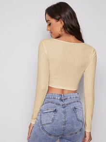 SHEIN EZwear 拉鏈開襟羅紋針織短版T恤 - 米色 - 查看 2