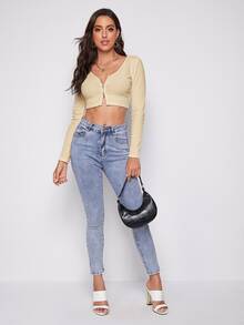 SHEIN EZwear 拉鏈開襟羅紋針織短版T恤 - 米色 - 查看 3