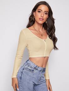 SHEIN EZwear 拉鏈開襟羅紋針織短版T恤 - 米色 - 查看 5