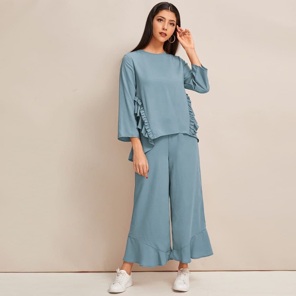 

Ruffle Trim Asymmetrical Hem Top and Palazzo Pants Set, Dusty blue