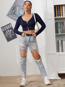SHEIN EZwear 拉鏈開襟羅紋針織短版T恤 - 藏蓝色 - 查看 4