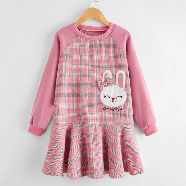 

Girls Cartoon Patched Tartan Smock Dress, Pink
