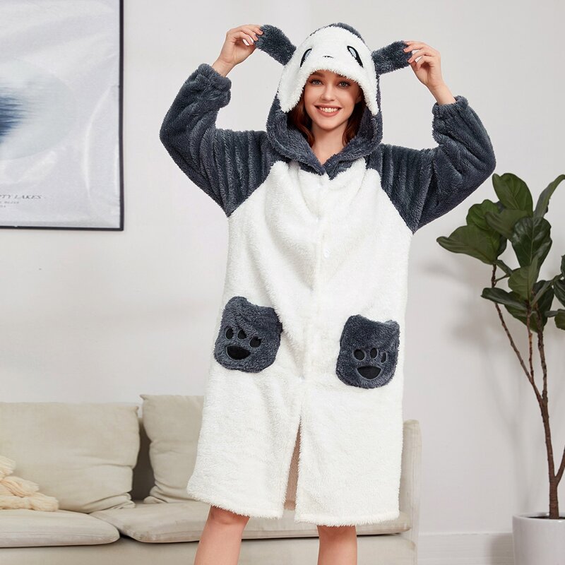 

Cartoon Graphic 3D Ear Hooded Flannel Robe, Multicolor