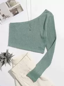 Muchica Áo thun Gân đan màu trơn Giải trí - Màu xanh Bạc hà - Xem 1