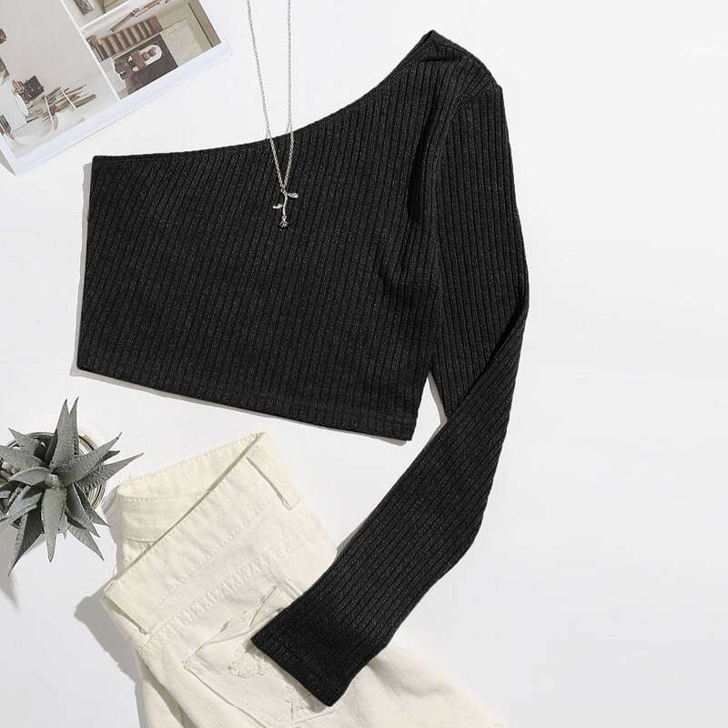 

Ribbed One-Shoulder Crop Top, Black