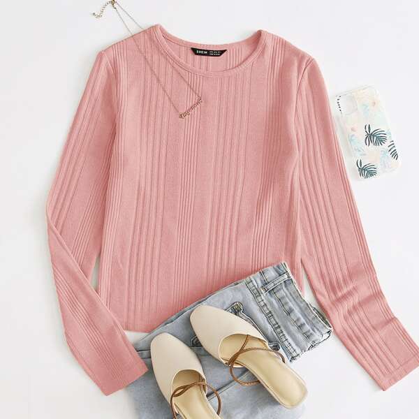 

Solid Fitted Rib-knit Top, Dusty pink