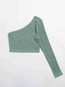 Muchica Áo thun Gân đan màu trơn Giải trí - Màu xanh Bạc hà - Xem 4