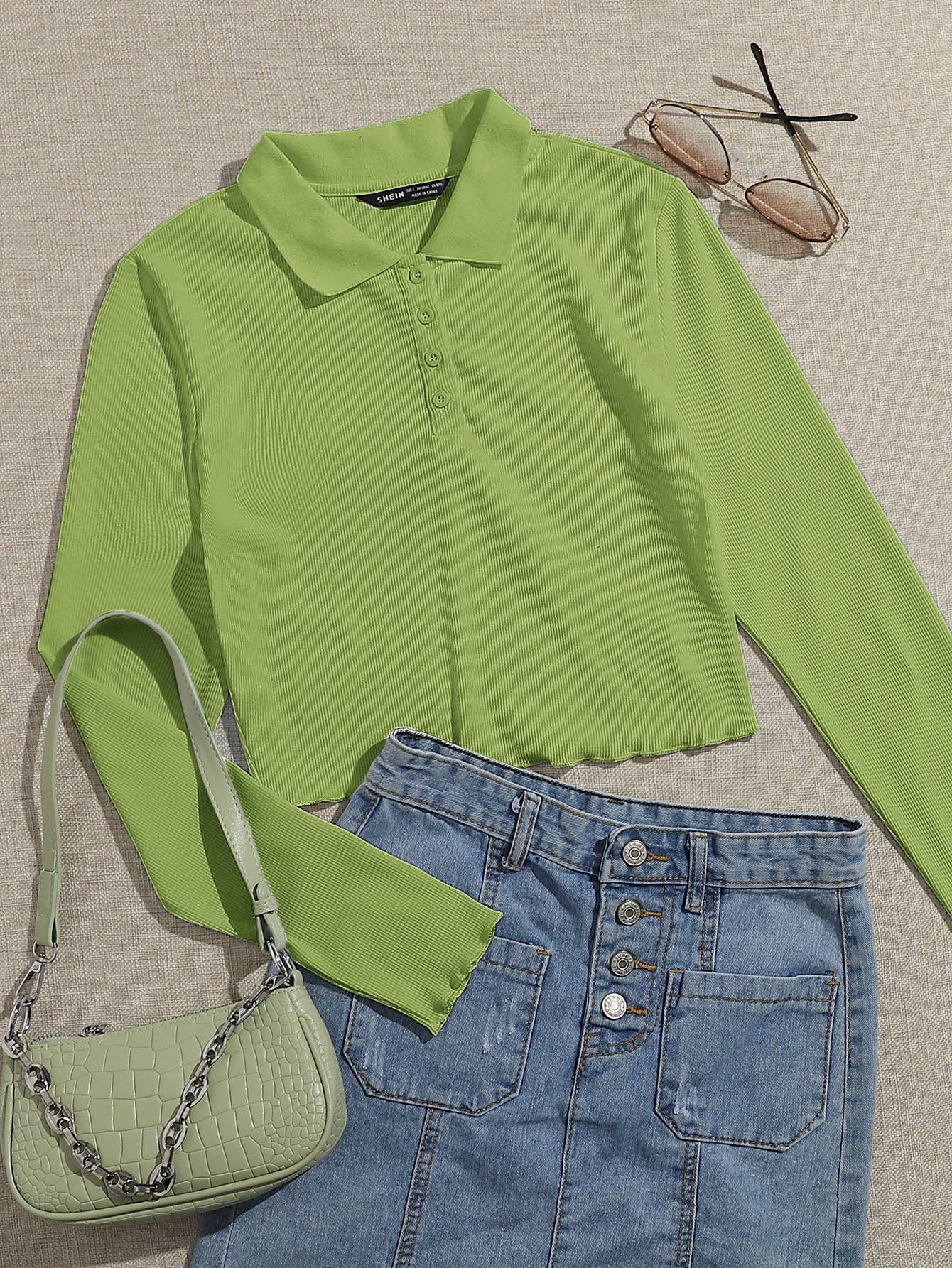 Lettuce Trim Rib-knit Polo Top thumbnail