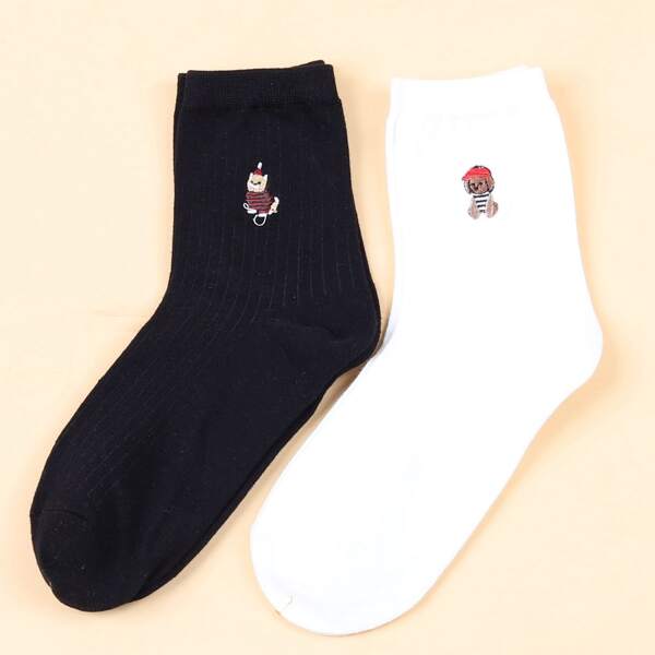 

2pairs Animal Embroidery Socks, Multicolor