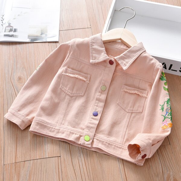 

Toddler Girls Plants And Bird Embroidery Denim Jacket, Baby pink
