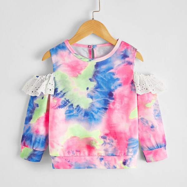 

Toddler Girls Tie Dye Schiffy Trim Cold Shoulder Sweatshirt, Multicolor