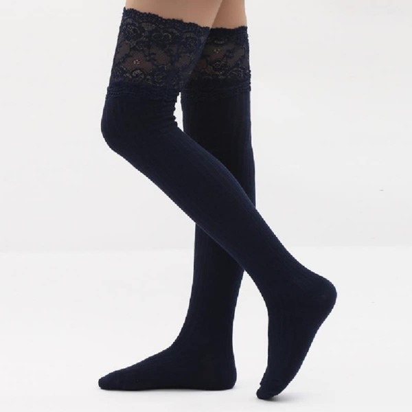 

Lace Trim Knee Socks, Navy blue