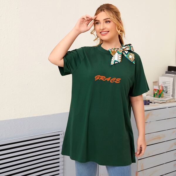 

Plus Letter & Scarf Print Bow Tee, Dark green