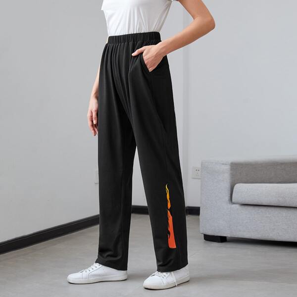 

Fire Print Elastic Waist Sweatpants, Black