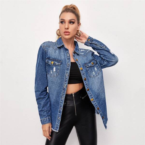 

Flap Pocket Raw Hem Ripped Denim Top, Medium wash