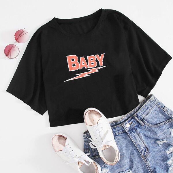 

Plus Letter & Lightning Graphic Drop Shoulder Crop Tee, Black