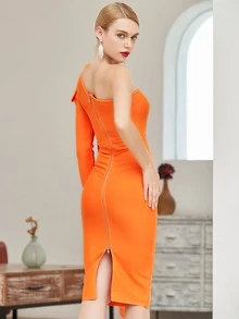 熒光橙大蝴蝶結垂墜緊身連衣裙 - 橘色 - 查看 2
