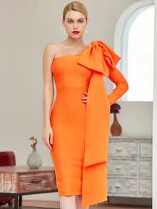 熒光橙大蝴蝶結垂墜緊身連衣裙 - 橘色 - 查看 4