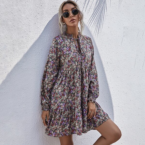 

Shirred Tie Neck Ruffle Hem Ditsy Floral Dress, Multicolor