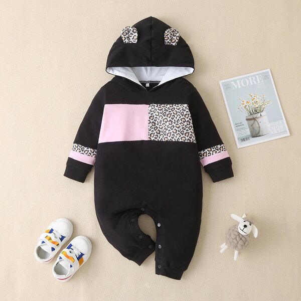 

Baby Boy 3D Ears Design Color-block Hooded Jumpsuit, Black