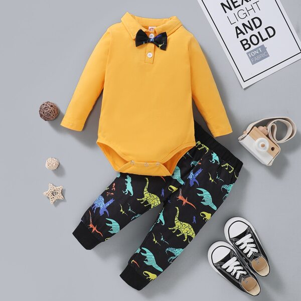 

Baby Boy Bow Neck Bodysuit & Dinosaur Print Pants, Multicolor