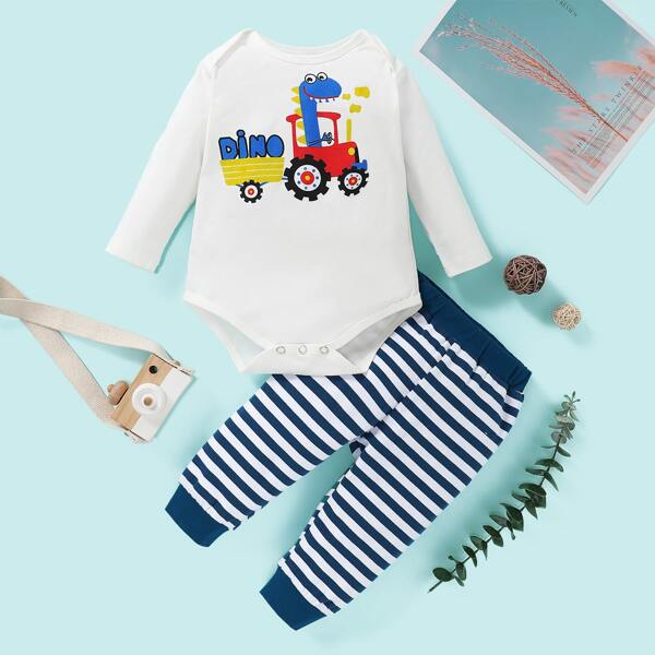 

Baby Boy Cartoon Print Bodysuit & Striped Pants, Blue and white