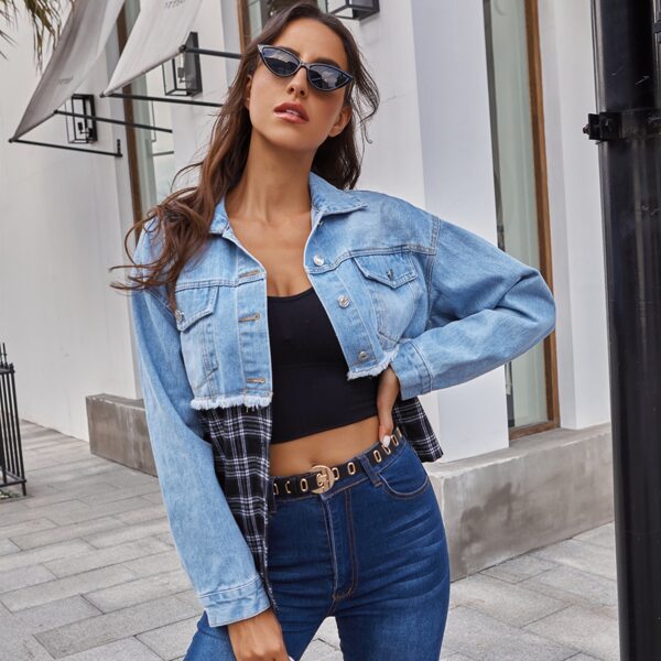 

Flap Pocket Contrast Plaid Denim Jacket, Multicolor