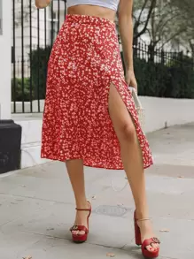 SHEIN Frenchy 小碎花開衩大腿半身裙