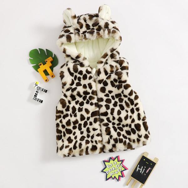 

Toddler Girls Allover Print 3D Ear Patched Teddy Vest Coat, Multicolor