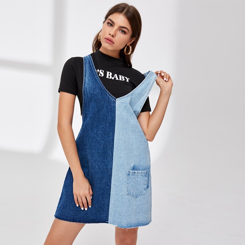 

Pocket Patched O-ring Detail Raw Hem Two Tone Denim Dress, Multicolor