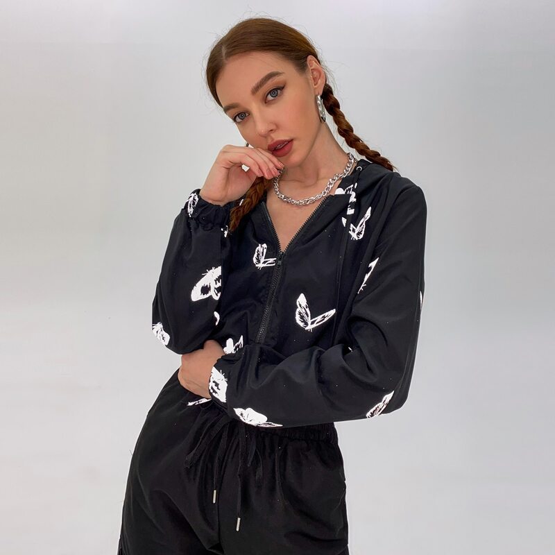 

Butterfly Print Zip Up Crop Jacket, Black