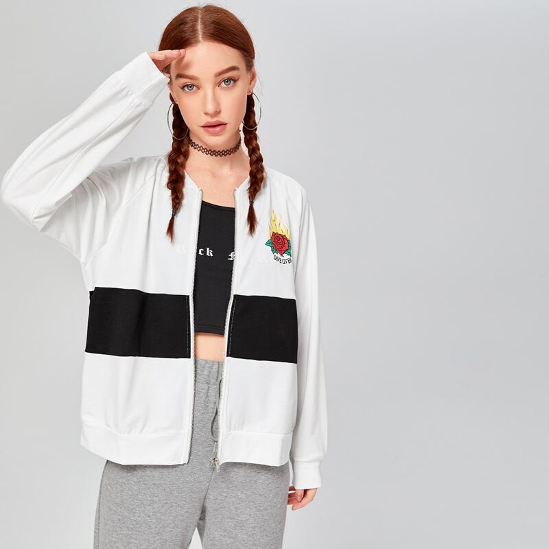 

Zip Up Floral & Letter Graphic Color Block Jacket, White