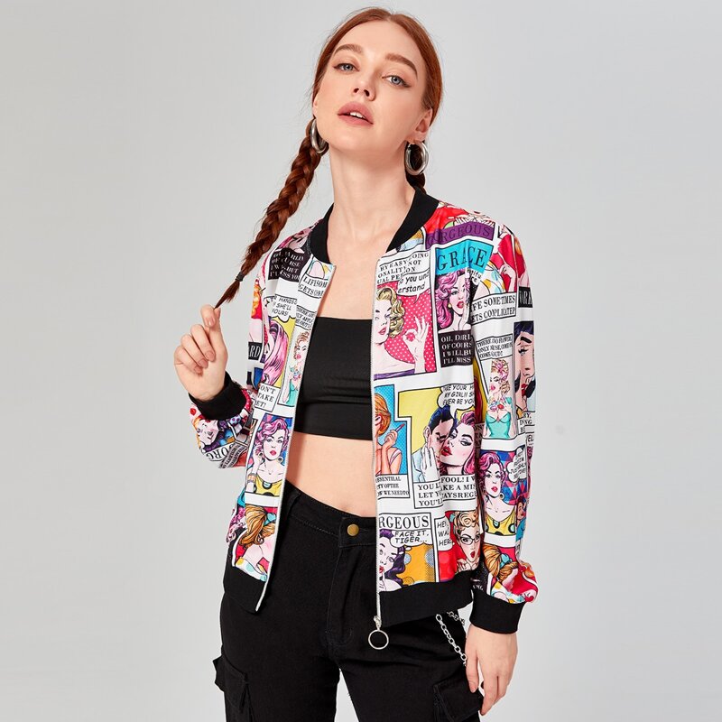 

Pop Art Print Zipper Fly Bomber Jacket, Multicolor