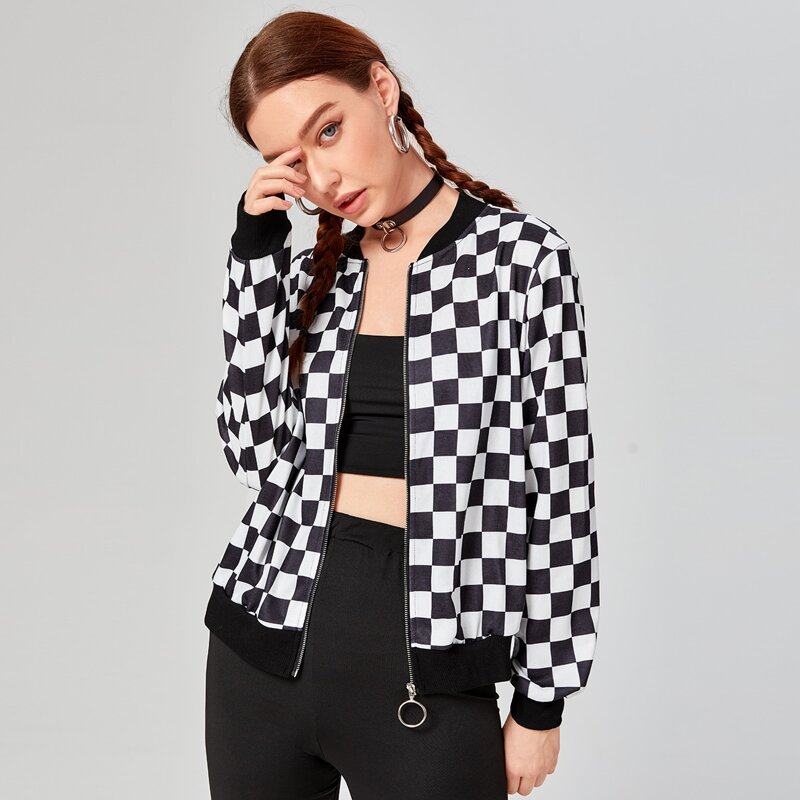 

Checkered Zip Up Bomber Jacket, Black and white