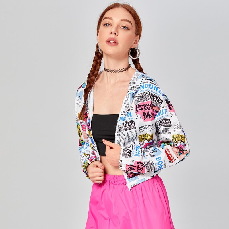

Pop Art Print Zip Up Hooded Wind Jacket, Multicolor