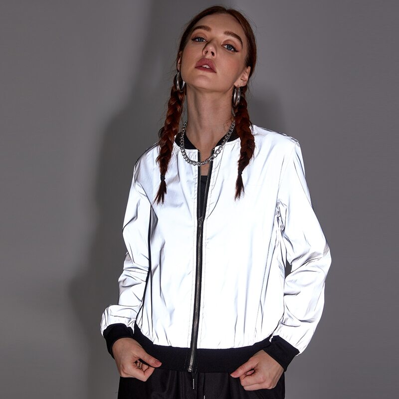 

Allover Slogan Drawstring Hem Reflective Jacket, Silver