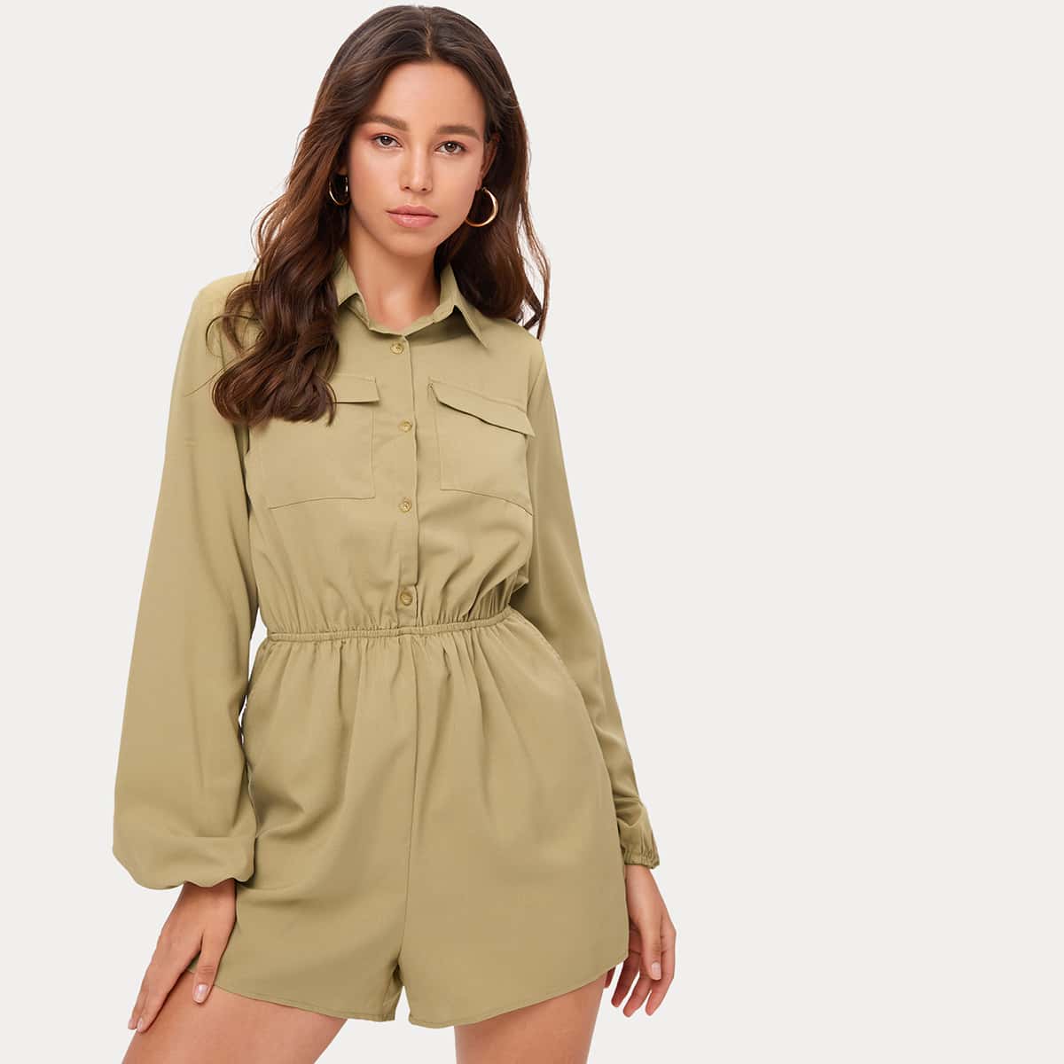 

Flap Pocket Front Utility Romper, Khaki