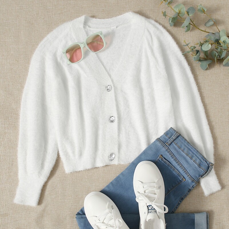 

Button Front Solid Fuzzy Cardigan, White