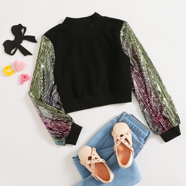 

Girls Mock Neck Contrast Sequin Sleeve Pullover, Black