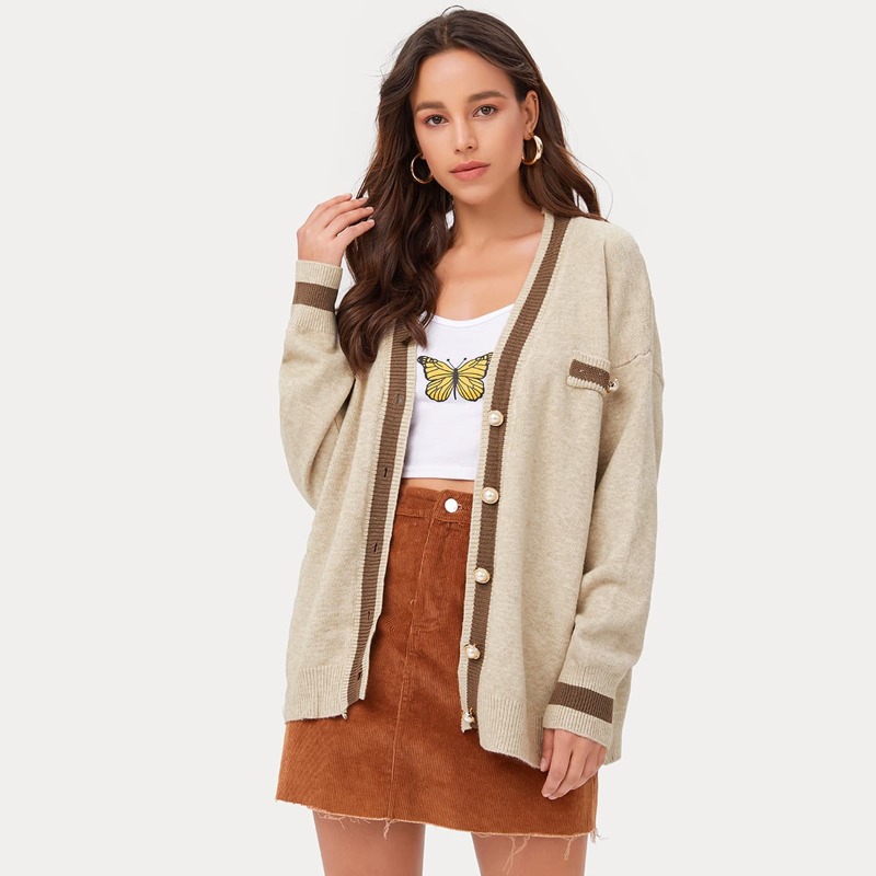 

Contrast Trim Button Up Cardigan, Khaki