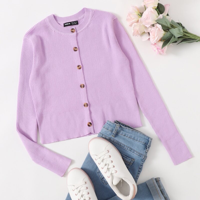 

Button Front Rib-knit Cardigan Without Camisole, Pastel lilac purple